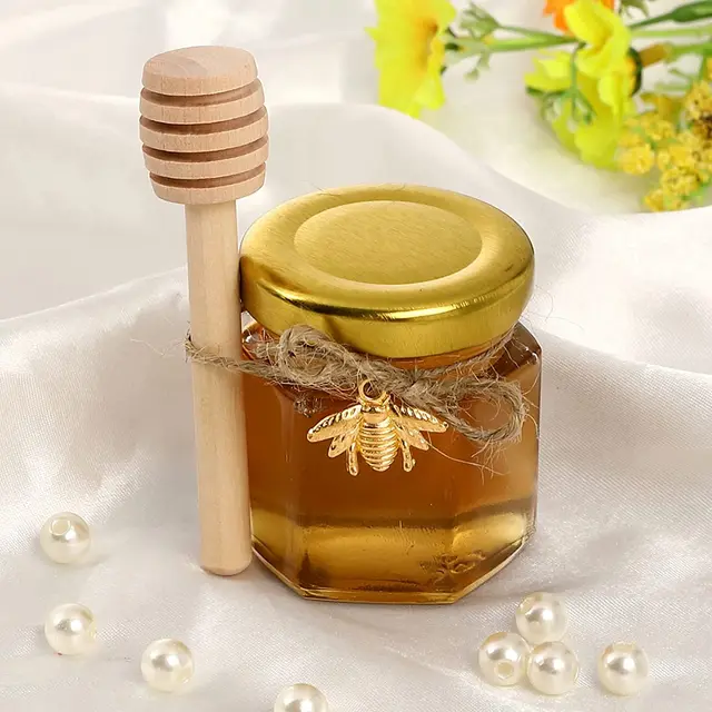 Lot De 30 Pots à Miel En Verre Hexagonal 45ml Avec Couvercles Dorés - Pots Confiture Miniatures Avec Pendentifs Abeille Et Sacs Organza
