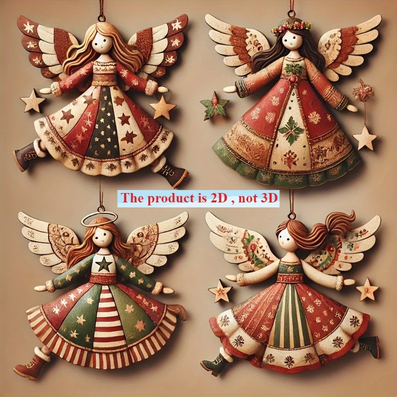 4pcs Handmade Vintage Wooden Angel Christmas Ornaments- Multi-Color Festive Decor for Tree, Home & Offic