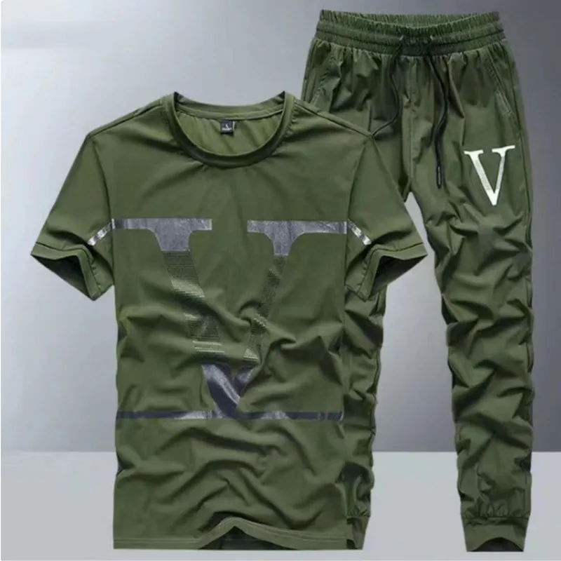 Summer New Ice Silk Suit Men's Youth Fashion Brand Short Sleeve T-Shirt High-Quality Loose Pants Casual Sports Suit Large Size