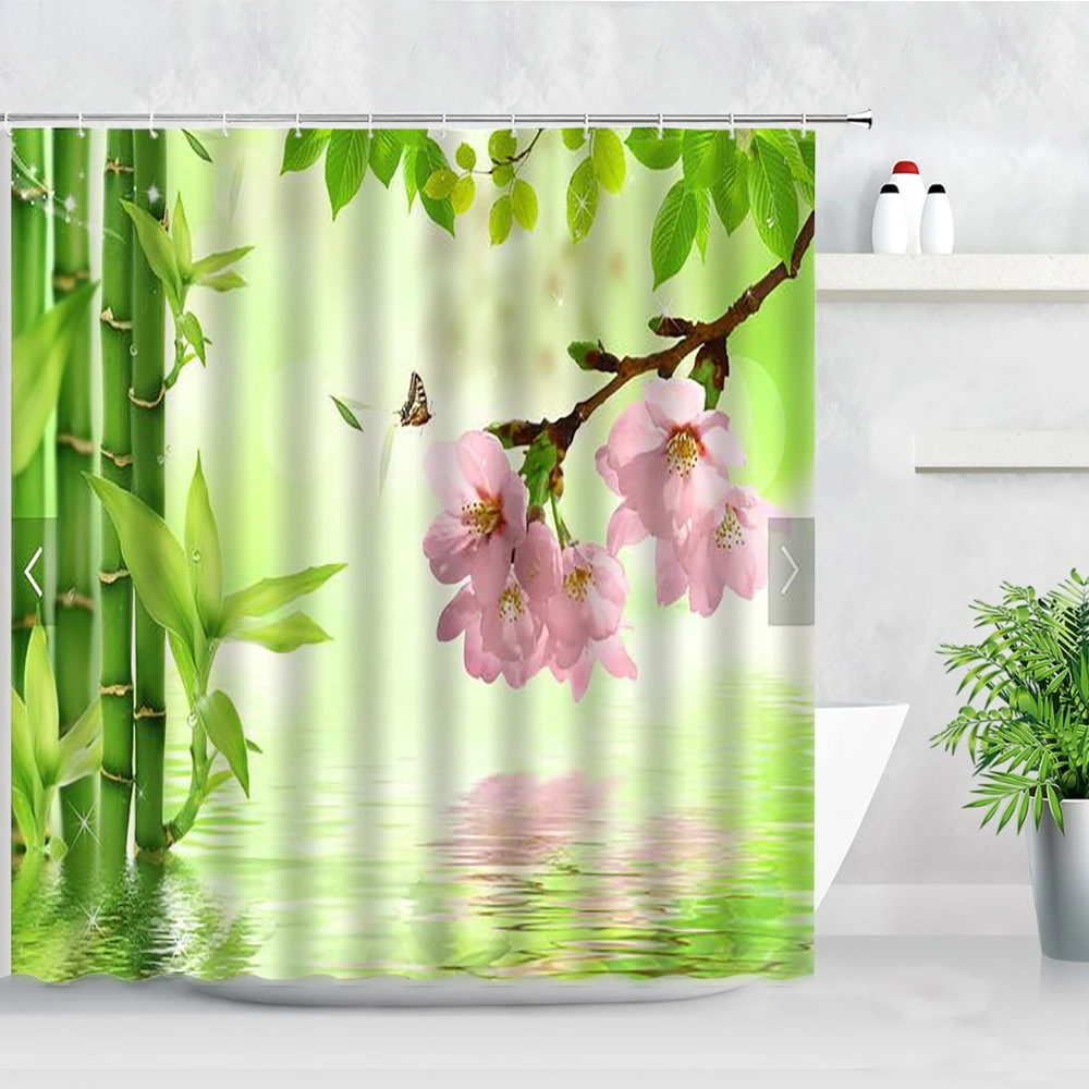 Green Bamboo Buddha Shower Curtain Landscape Waterproof Bathroom Curtain