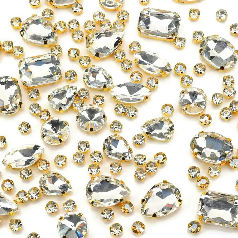 Sew on rhinestones 130PCS glass metal back prong setting mixed shapes