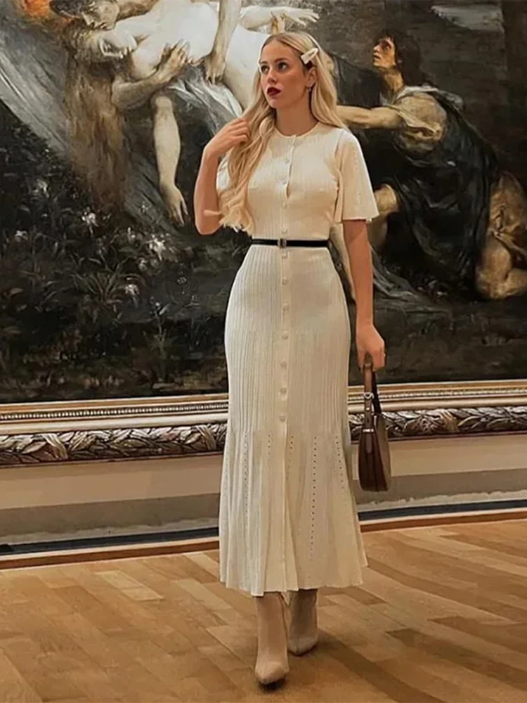 Robe tricot boutonnage femme chic taille haute automne – Image 2