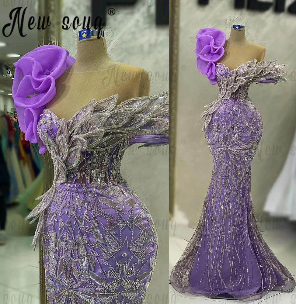 

Vestidos De Noche Off Shoulder Deep V Neck Purple Evening Dress 3D Ruffles Wedding Party Gowns Arabic Custom Made Formal Gowns