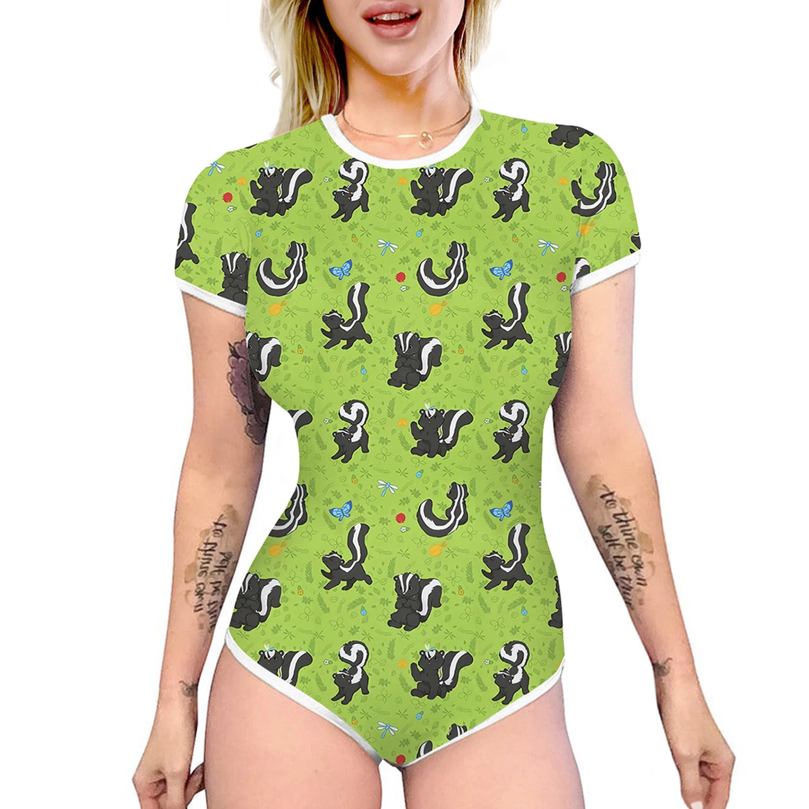 Women Summer Casual Slim Rompers Sexy Slim Romper Cartoon Print Short Sleeve Round Neck High Waist Playsuits Home Sleepwear