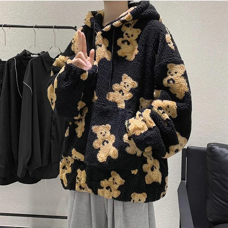 Lamb Wool Sweatshirt Women 2023 Cartoon Little Bear Pullover Y2K Hoodies Women Streetwear Trend Loose Men Tops Men's Winter Coat