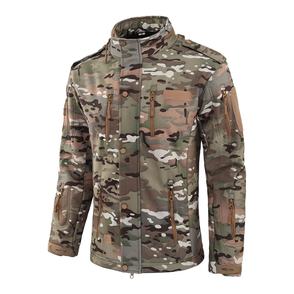 Outdoor Softshell New Punching Jacket Camouflage Multi Punching Jacket Pocket Fleece Hooded Jacket
