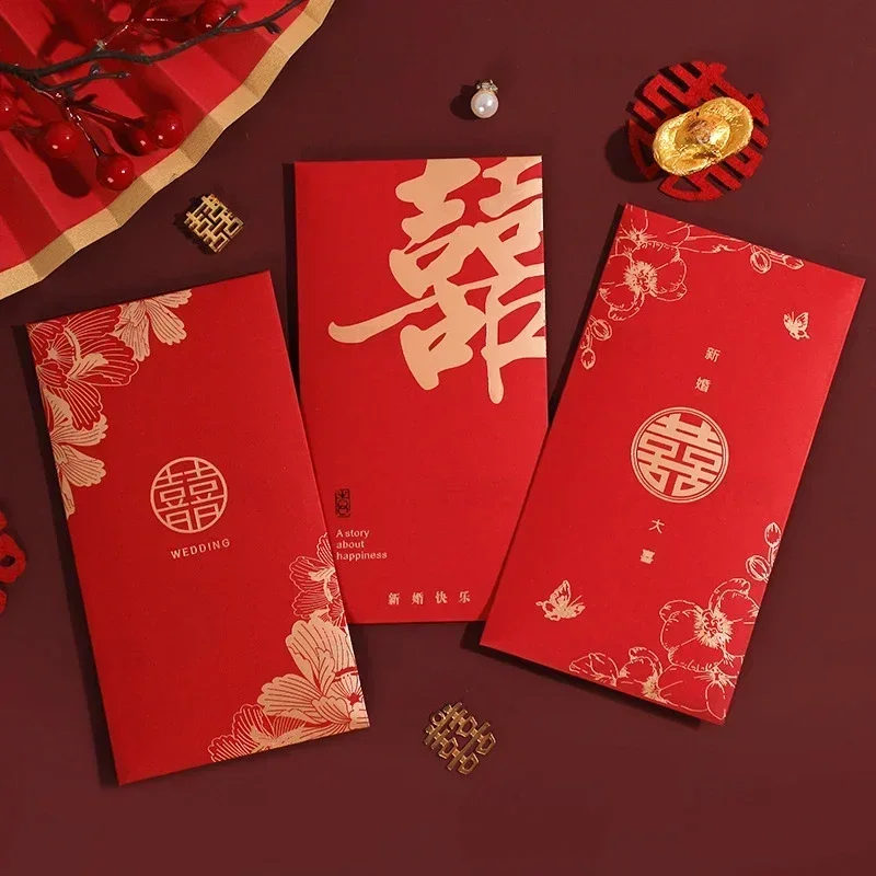 5pcs Kawaii Red Envelopes Lucky Pocket Wedding Poastcards Invitation Cards Cover Gift Bag Cash Envelopes Events Party Decoration
