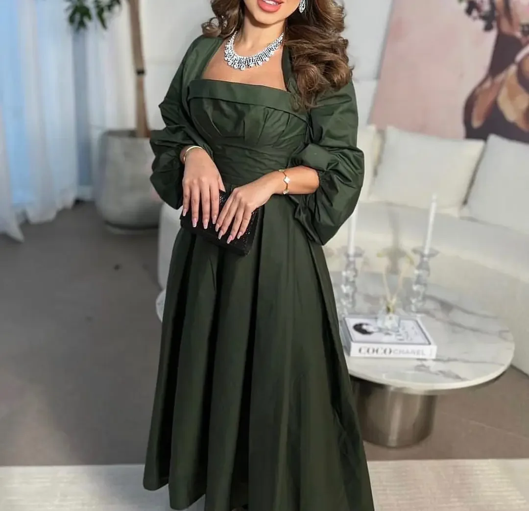 

Dark Green Taffeta Hi Low Women Formal Evening Dresses With Long Sleeves Jacket Mother Bride Party Gowns Event Prom DressML-048