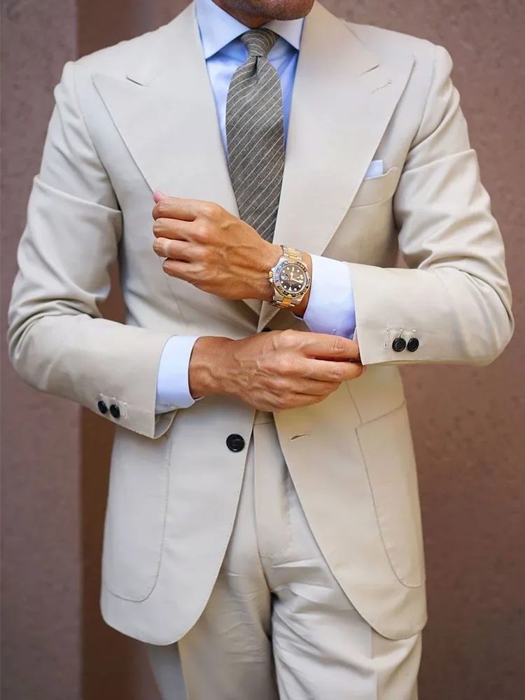 

Summer Beige Elegant Men Suit Smart Casual Peak Lapel Slim Fit Blazers Business High Quality Custom 2 Piece Set Costume Homme