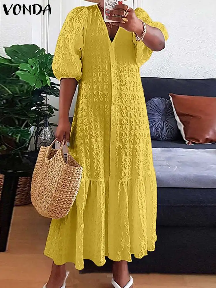 

2023 VONDA Summer Dress Women Casual Loose Solid Color Robe Femme Summer V Neck Puff Sleeve Stylish Maxi Sundress