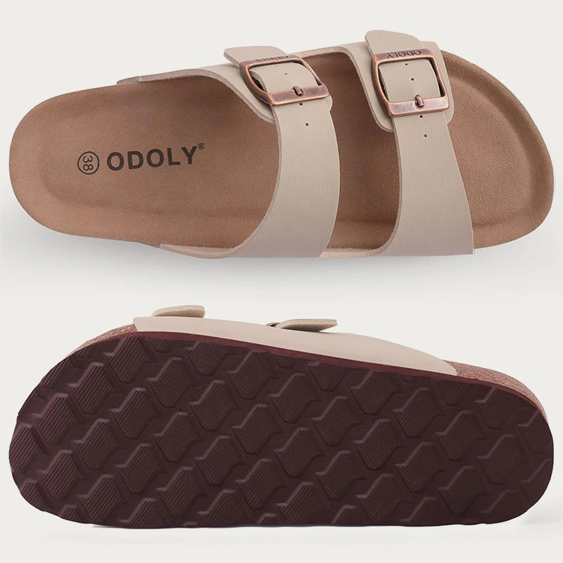 Bebealy 2024 Women Cork Slippers Summer Flat Slippers Women Mules Outdoor Soft Beach Sandals With Arch Support Adjustable Buckle