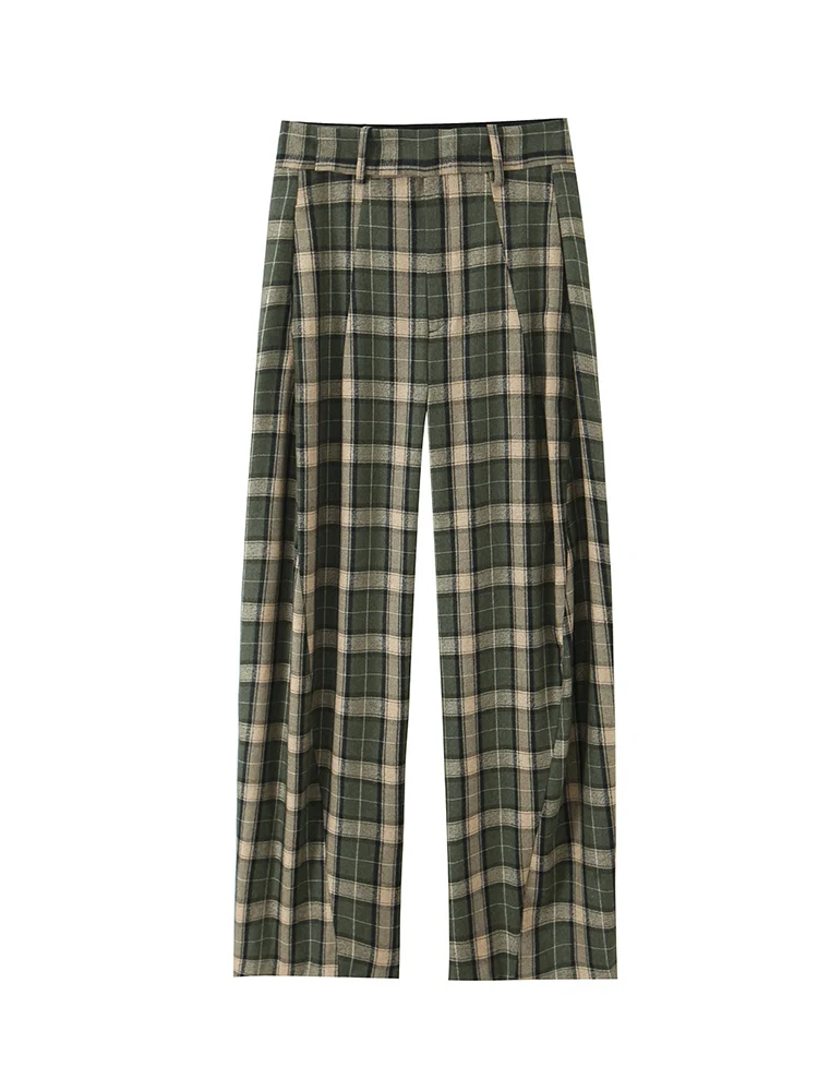 Women Casual High Waist Plaid Pants Autumn Winter Comfort Trousers Elegant Vintage Straight Leg Floor Length Loose Fit Trousers