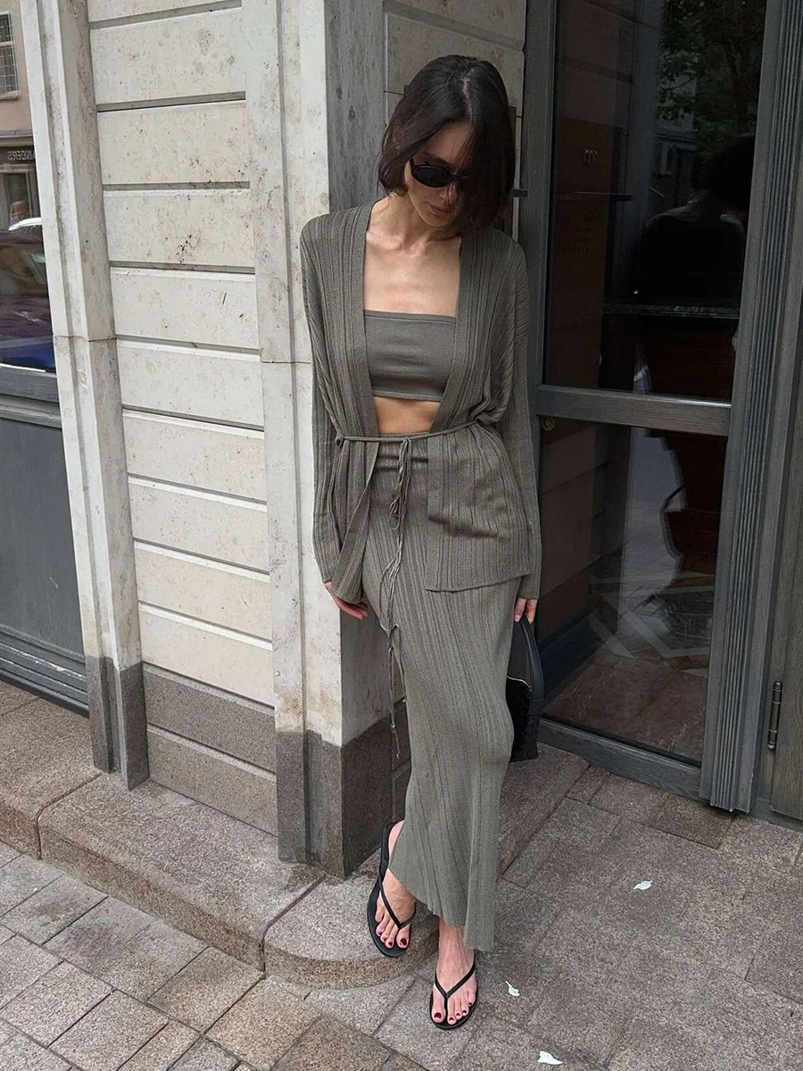 Bornladies Women's Minimalist Autumn Winter Knit Set Cardigan Camisole Skirt Loose Design Solid Color Vest Sweater 3-piece Set