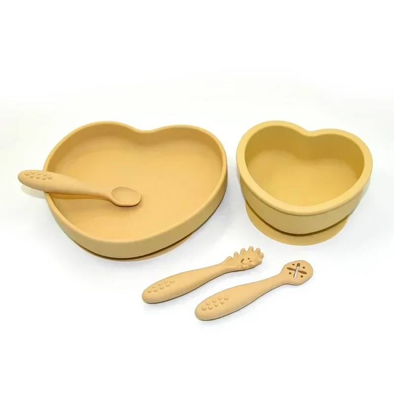 5Pc/Set Baby Silicone Tableware Set Kids Feeding Plate Bowl Fork Spoon BPA-Free Food Grade Silicone Waterproof Suction Tableware 4