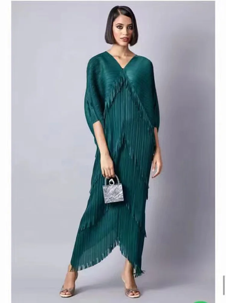 

Miyake Pleated Dress Woman Tassel Batwing Fold Sleeve Loose Casual Style V Collar Long 2023 Summer Fashion Fast Delivery