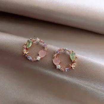 New Korean Classic Round Pink Green Crystal Stud Earrings for Women Sweet Flower Cirlce Jewelry Fashion Brincos Creative Gifts 2