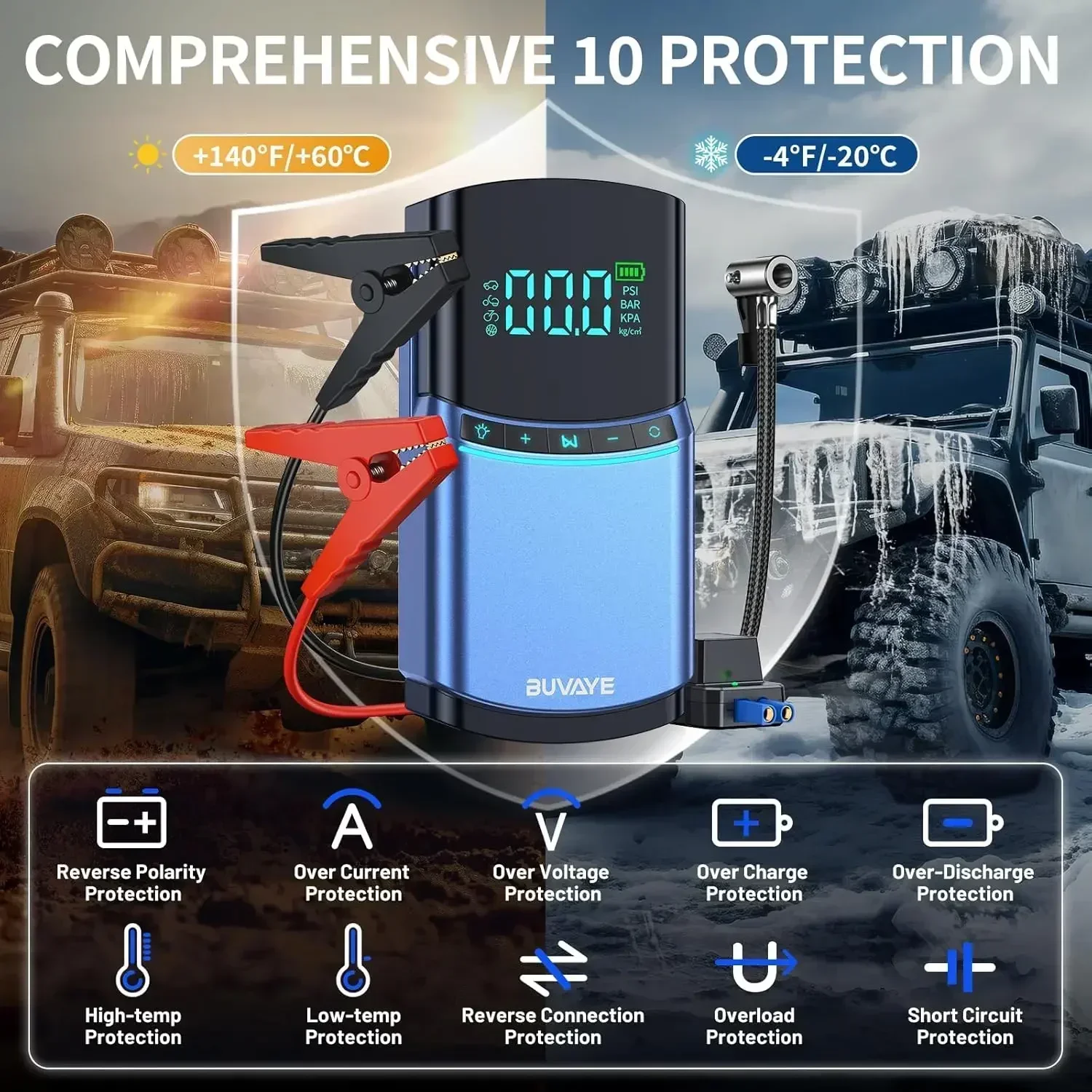 Car Jump Starter 4 in 1 Air Pump 150PSI Tyre Compressor 2000A Starter Device Power Bank Digital Inflatable Pump