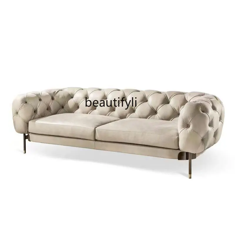 

Italian Minimalist Living Room Three-Seat Combination Frosted Leather Sofa Complete Buckle Art Sofa