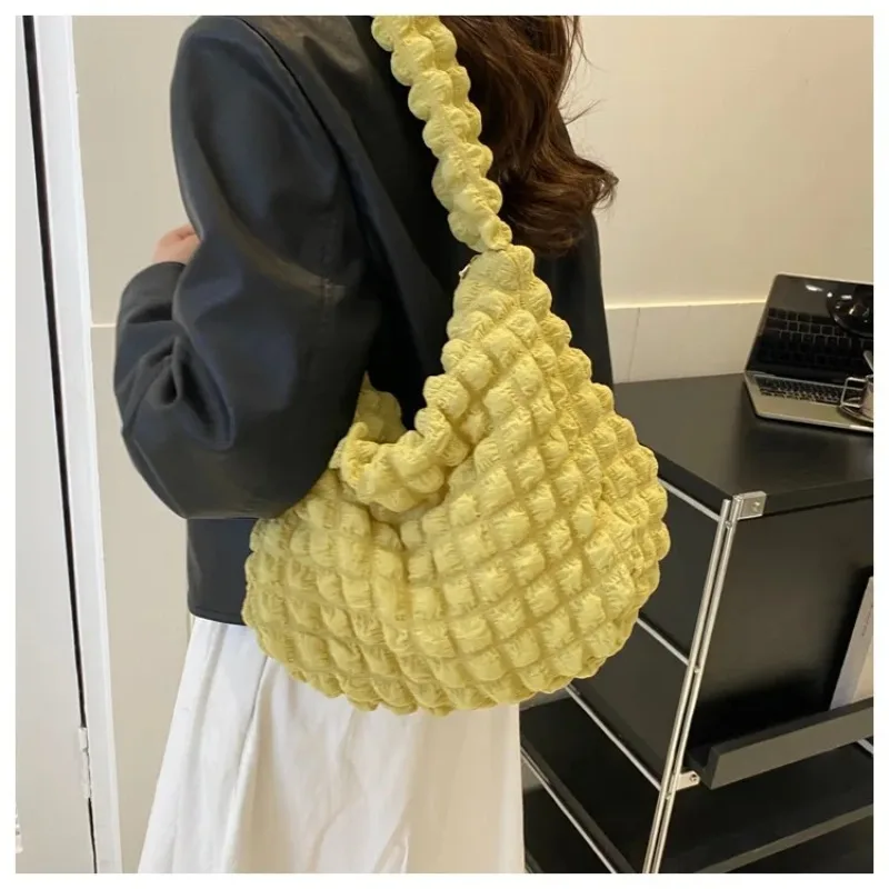 City Simple Canvas Puff Flower Shoulder Bag Women's Summer Handbag Shopping Bubble Bag Double Strap Soft Tote Bag Daily Match