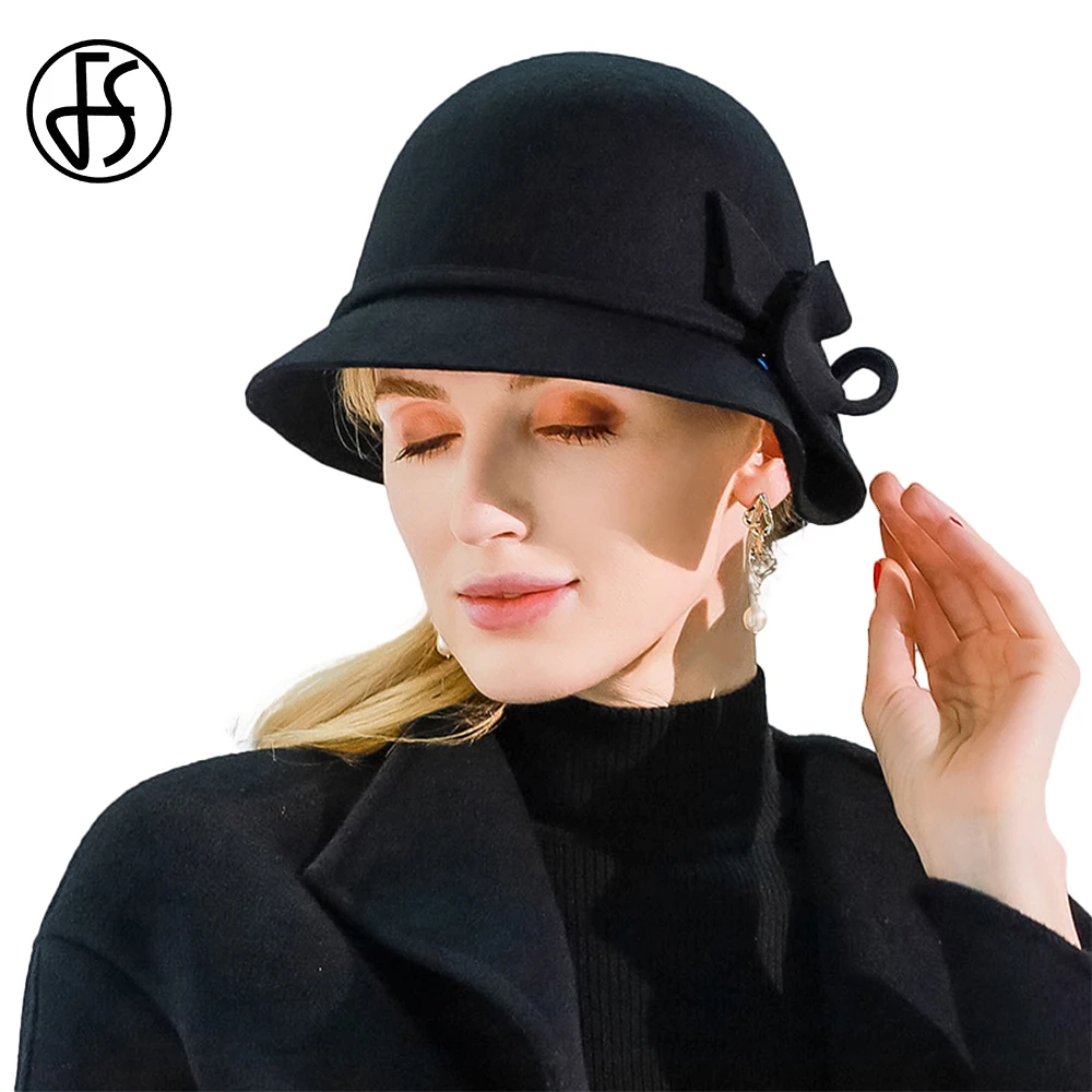 

FS Black Basin Cap Bowler Wide Brim Fedoras 100% Wool Felt Hats For Women Femme Autumn Winter Ladies Elegant Church Millinery