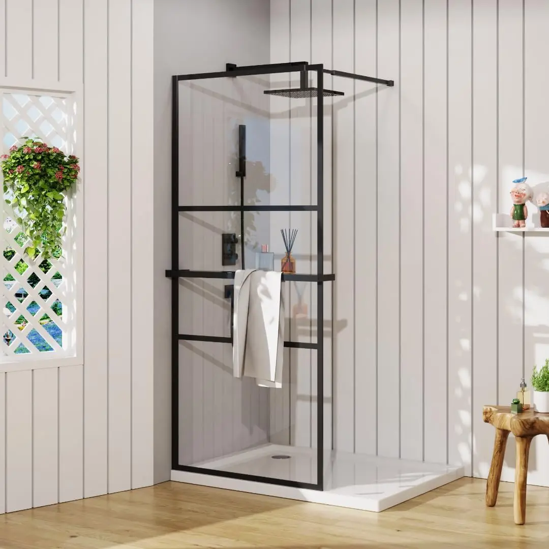 Shower Door Tempered Glass Shower Screen with Tool Bar Towel Rack for Walk in Bathroom 3 Grid Style durable tempered glass 2
