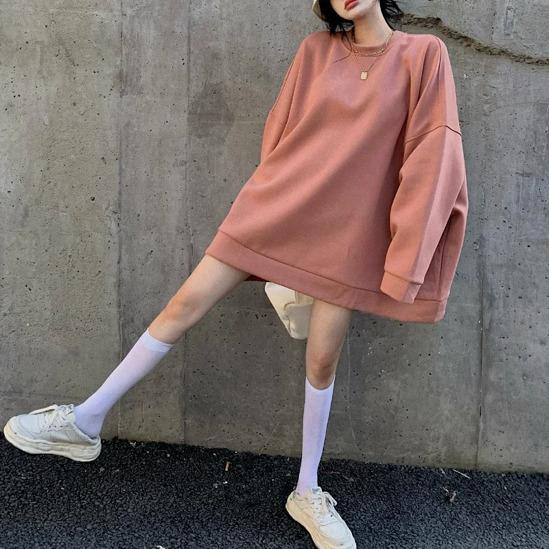 Sweatshirt  2024 Ladies Streetwear Harajuku Sweatshirt Long Sleeve Korean Clothing Oversized Solid Color Round Neck Pullover