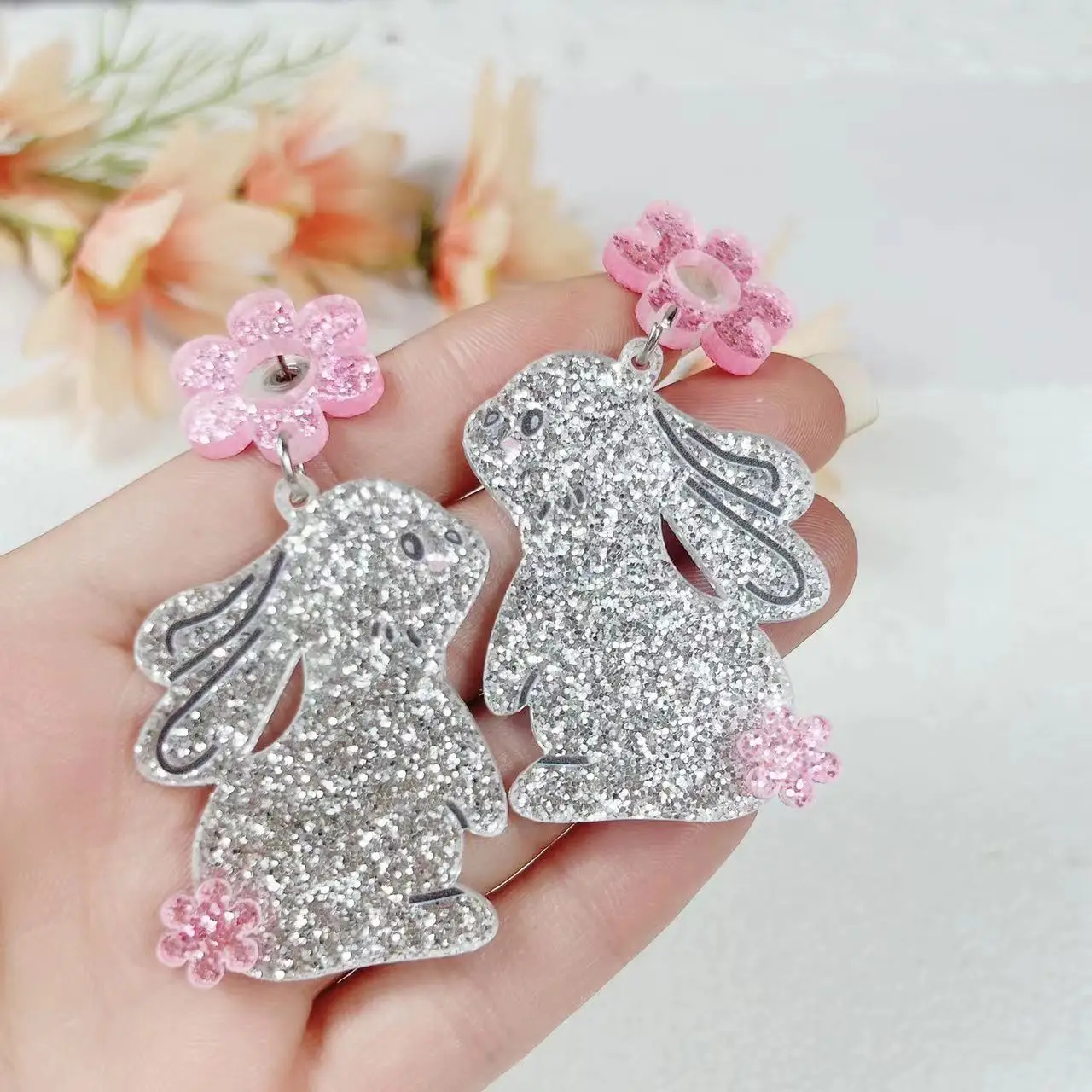 1 Pair Cute Cartoon Floral Bunny Pendant Earrings Sparkly Easter Drop For Fashion Accessory drop earrings dangle earrings pendant earrings