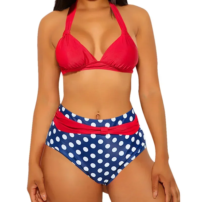 

Hot Bathing Suits In Europe and The United States Red Polka Dot Style Halter Lace Printed High Waist Separate Swimsuit