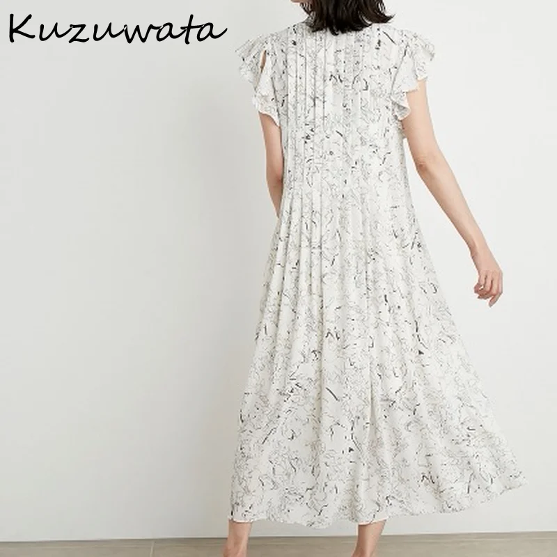 Kuzuwata O Neck Flying Short Sleeve Temperament Dress Women High Waist Hip A Line Long Slim Vestidos Summer 2022 New Robe Print midi dress Dresses