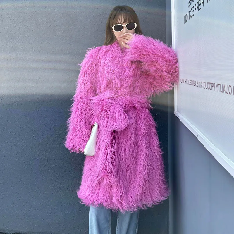 

fashion new Fur imitation beach wool long green fruit collar knee length fur coat belt winter elegant coat