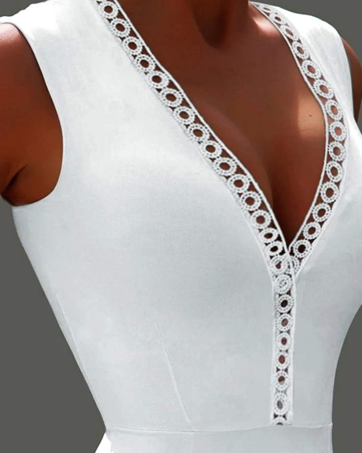 Women's Summer Tank Top Tight Solid Color Casual Fashion Urban Commuter Versatile Contrast Lace Sleeveless Hollow One Piece
