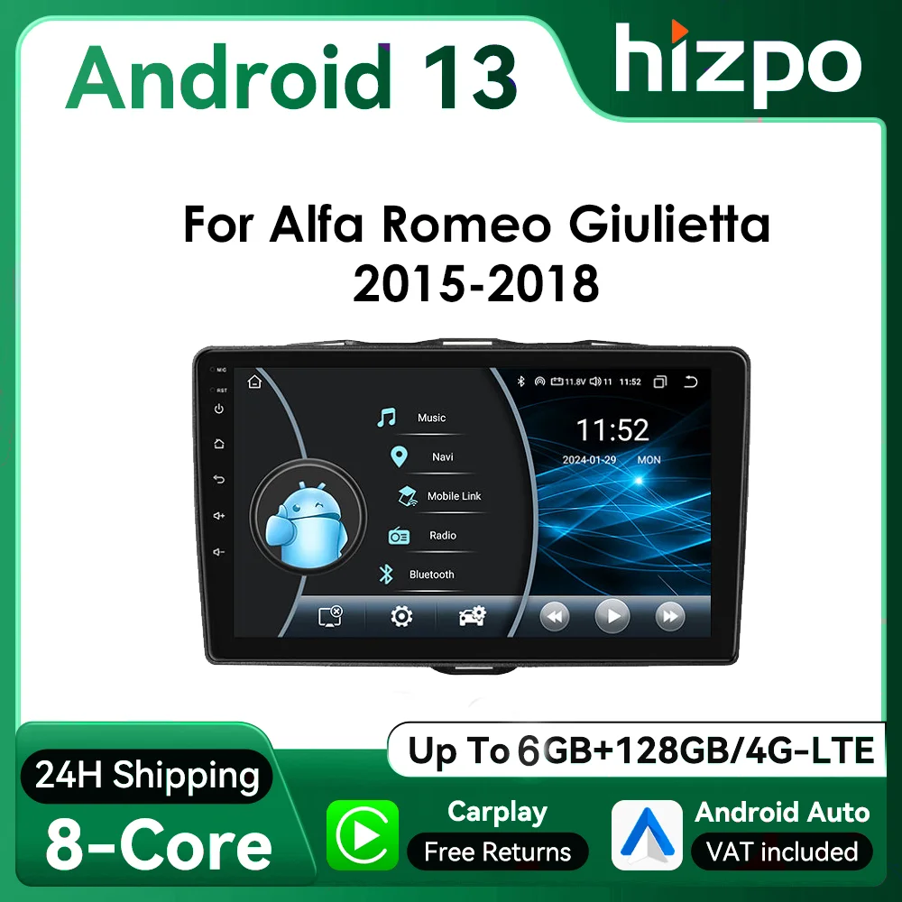 Hizpo 2Din 9 Zoll Android13 Autoradio für Alfa Romeo Giulietta 2015 -2018 UI8581 Steuergerät RDS DSP GPS Navi 4G BT Auto CarPlay