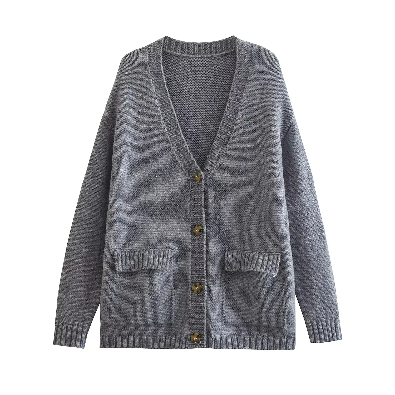 

Women New Fashion Patch bag decoration Loose V Neck Knitted Cardigan Vintage Long Sleeve Button-up Female Pullovers Chic Tops