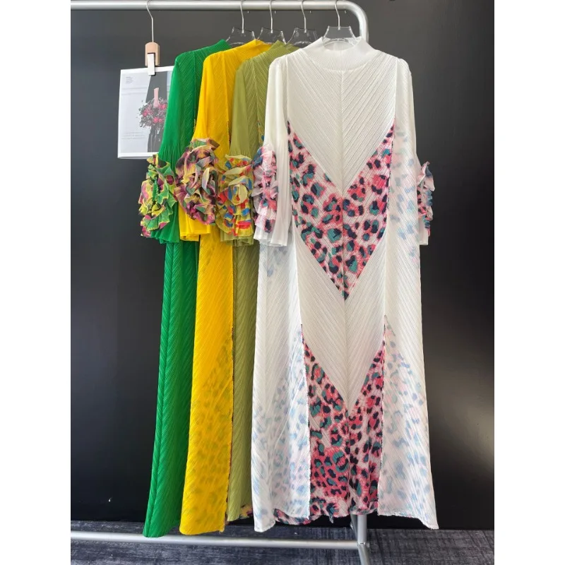 

Женское длинное плиссированное платье миаке, цветное черное платье с круглым вырезом, длинными рукавами и леопардовым узором, женское платье с цветами, лето 2024