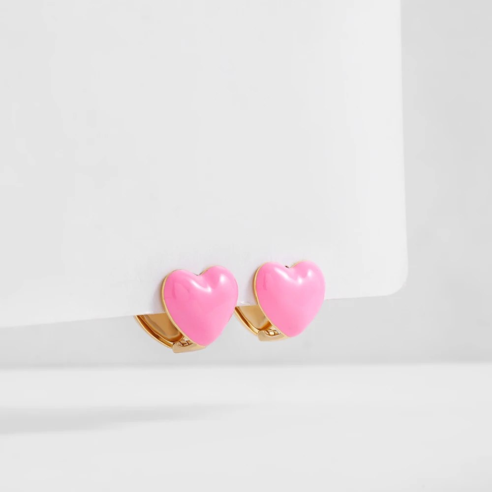Cute Enamel Pink Geometric Round Heart Hoop Earrings Minimalist Gold Color Copper CZ Zirconia Hoop Huggies Korean Jewelry Gifts