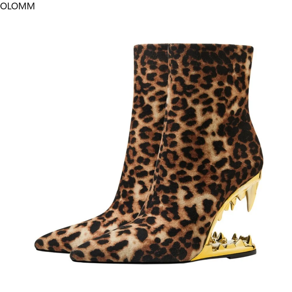 

Leopard Ankle Boots Womens Pointed Toe Mixed Colors Strange Irregular Heel High Metal Shoes Luxury Sexy Plus Size New 2023