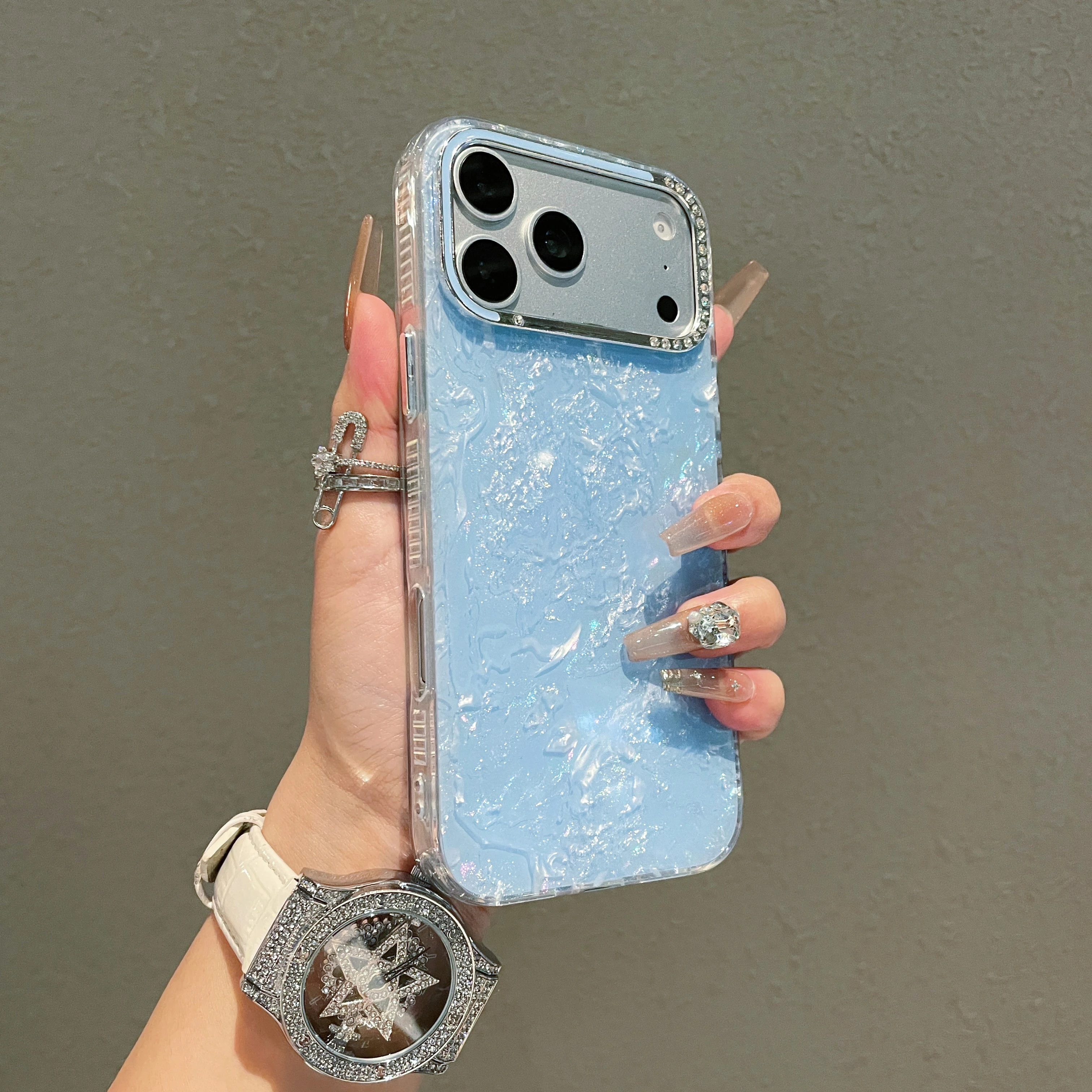 Glamorous Rhinestone Glitter Phone Case with Shell Pattern and Camera Protection