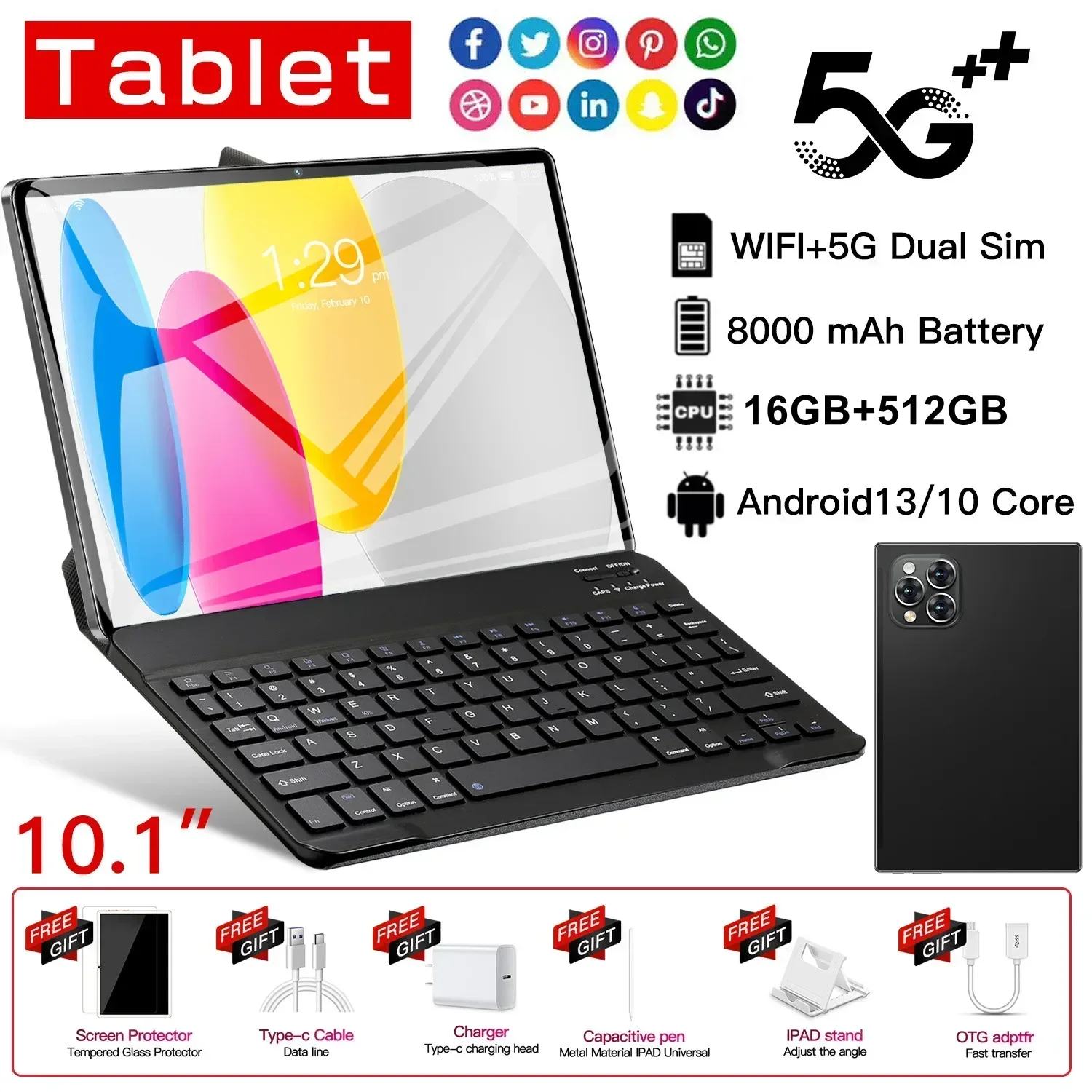 NEW Global Version Pad 15 Pro Tablet Android13 10.1 Inch 16GB 512GB 5G Dual SIM Phone Call GPS Bluetooth WiFi WPS Tablet PC