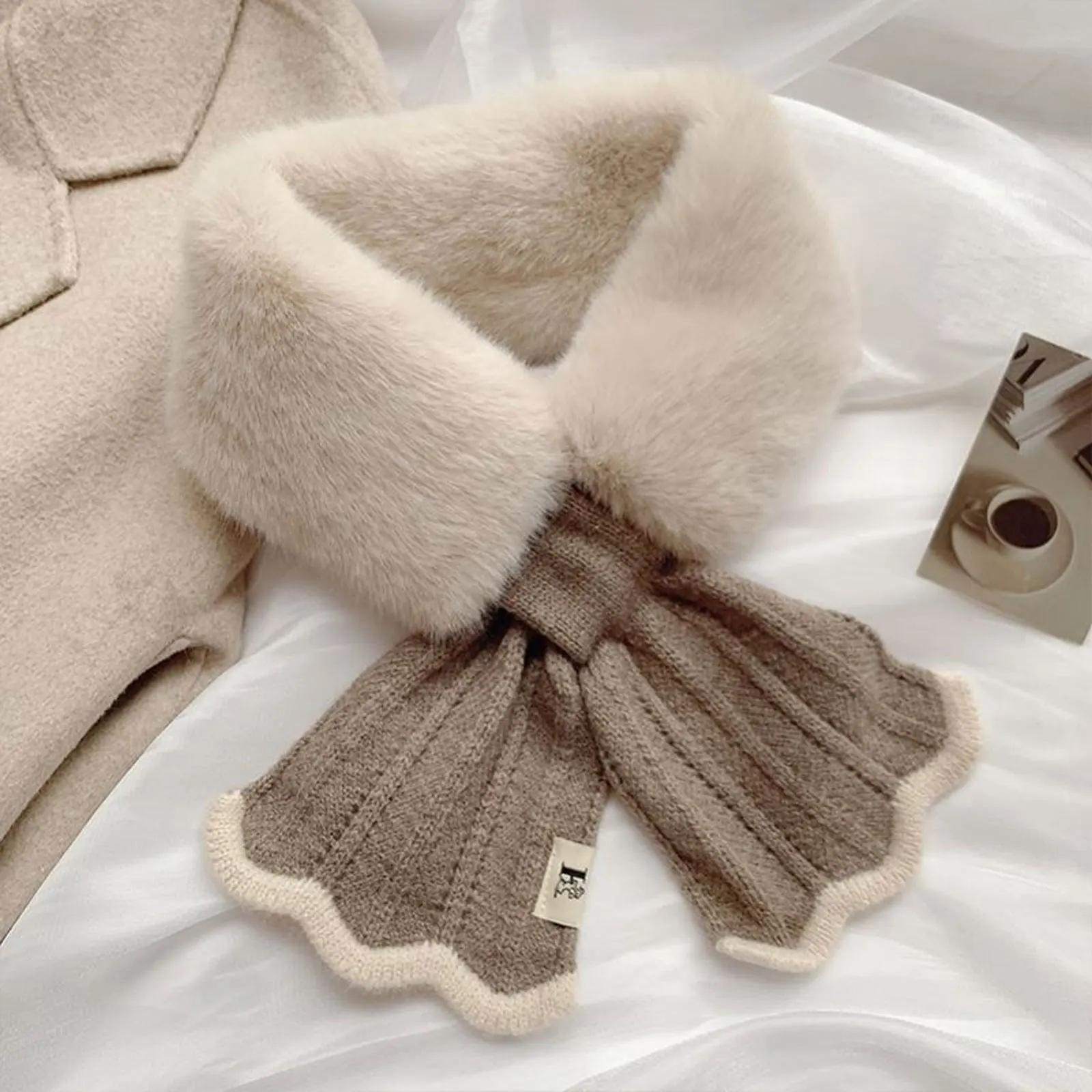 

Elegant Women Winter Neckerchief Faux Rabbit Fur Neck Warm Shawl Oudoor Windproof Fishtail Cross Neck Guard Scarf for Girls