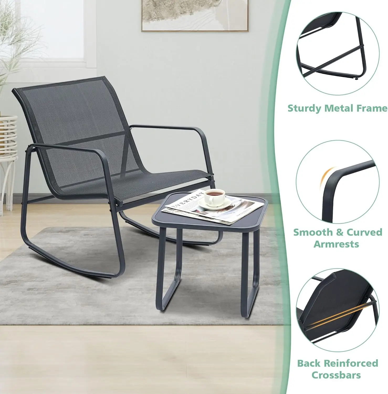 3 Piece Patio Furniture Set, All Weather Textile Outdoor Conversation Set with Rocking Bistro Chairs and Table, Small Patio