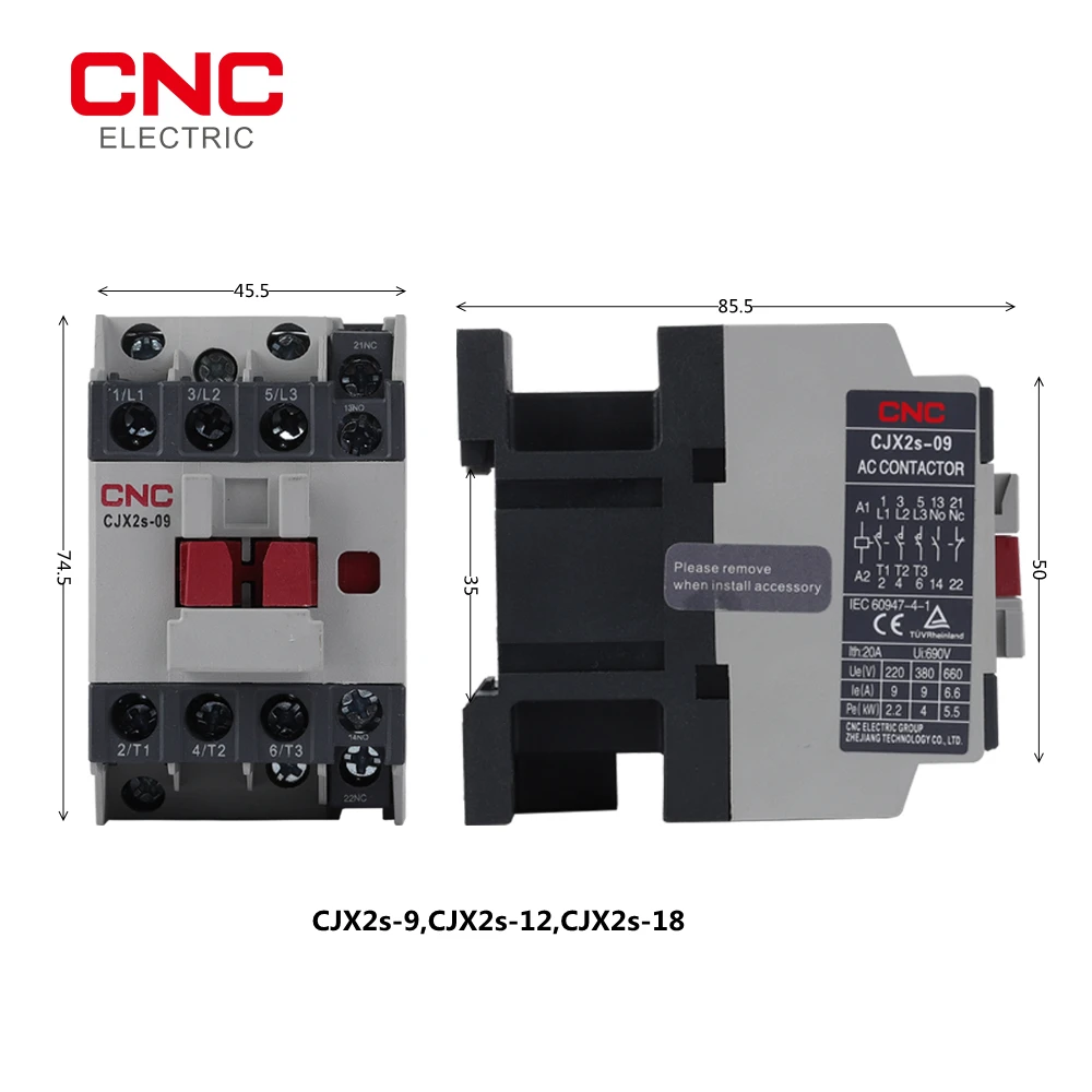 Cnc cjx2s/cjx2i 3-phasiges 3-poliges Wechselstrom schütz 1no 1nc Spulens pannung 220V 50/60Hz 9a/12a/18a/25a/32a – Detail 3