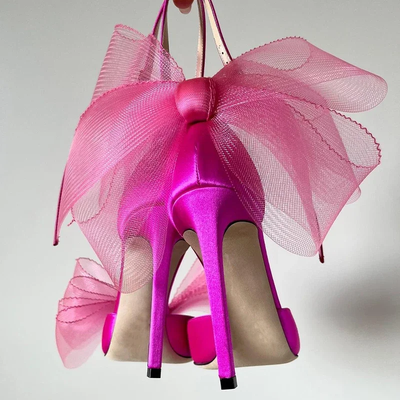 Lace bow high heels, new sexy straight line with pointed thin heels, genuine leather, socialite toe sandals