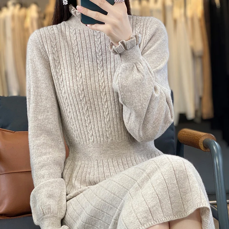 

Женское платье-свитер из австралийской шерсти, однотонное трикотажное, с полувысоким воротником, с длинным рукавом, длинное, из чистой шерсти, новая линия, мода