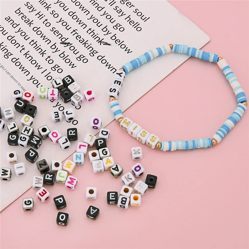 6x6mm, quadratische Buchstabenperlen für die Schmuckherstellung von Kindern, zufällig gemischt, lose Acrylperlen, DIY-Handwerk, Farbe Schwarz und Gold – Detail 14