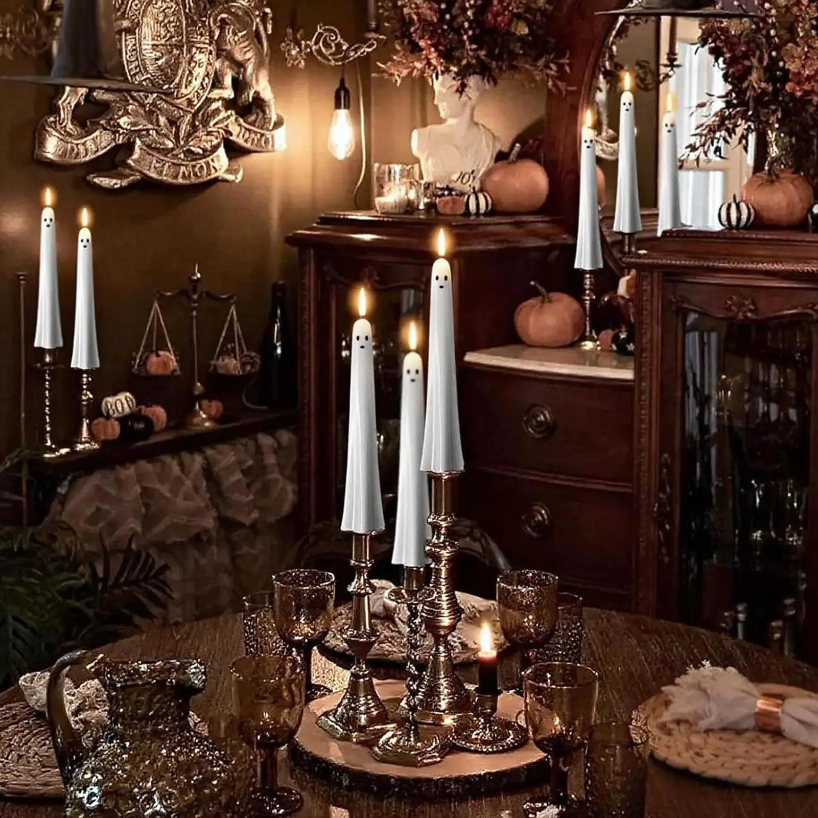 2pcs LED Candles Light Flameless Flickering Ghost Face Taper Candles With Remote Control And Timer Halloween Holiday Decorations