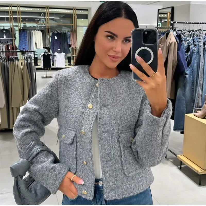 Elegant Woolen Blends Coat For Women O-neck Metal Button Gray Long Sleeve Pockets Jackets Autumn Lady High Street Outwear