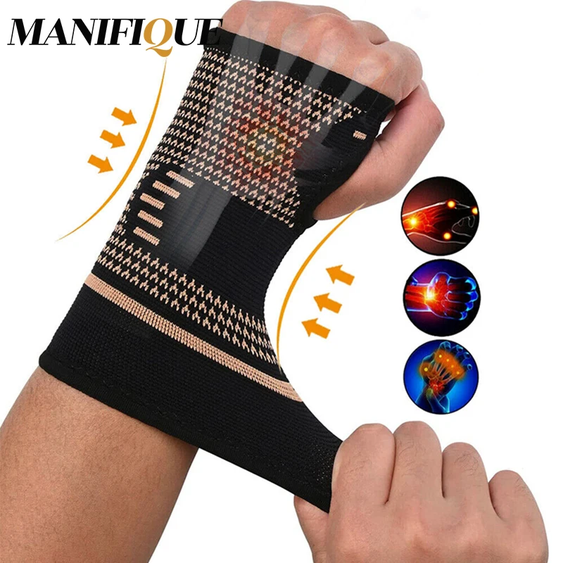 

Copper Wrist Support with Pressure Belt Sport Protection Safety Compression Gloves Wrist Protector Arthritis Sleeve Palm Bracer