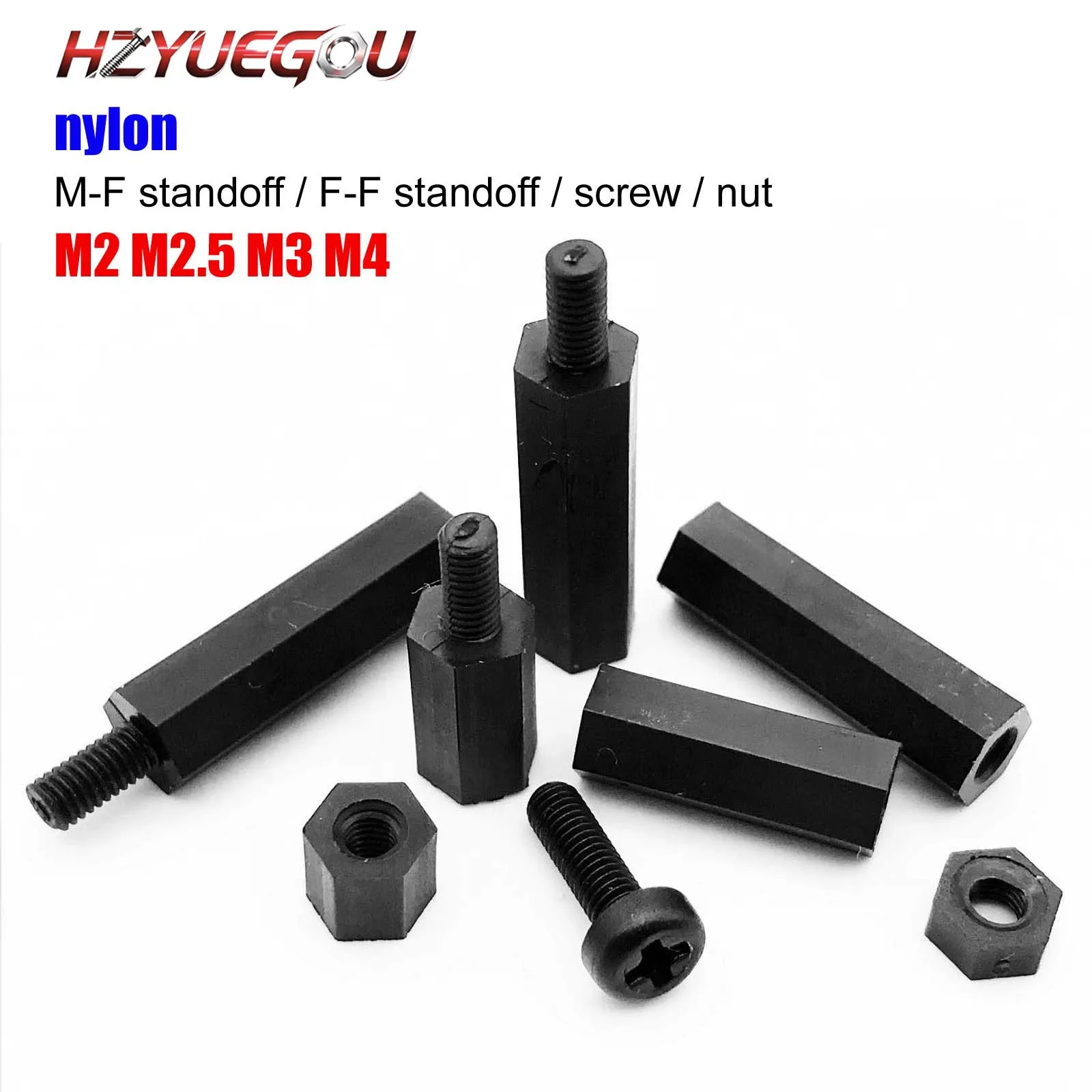 HZYUEGOU 50X M2 M2.5 M3 M4 PCB Motherboard Schwarze Nylon-Kunststoff Phillips-Schraube Männlich-Weiblich Weiblich Sechskant-Abstandshalter Säulen-Abstandshalter