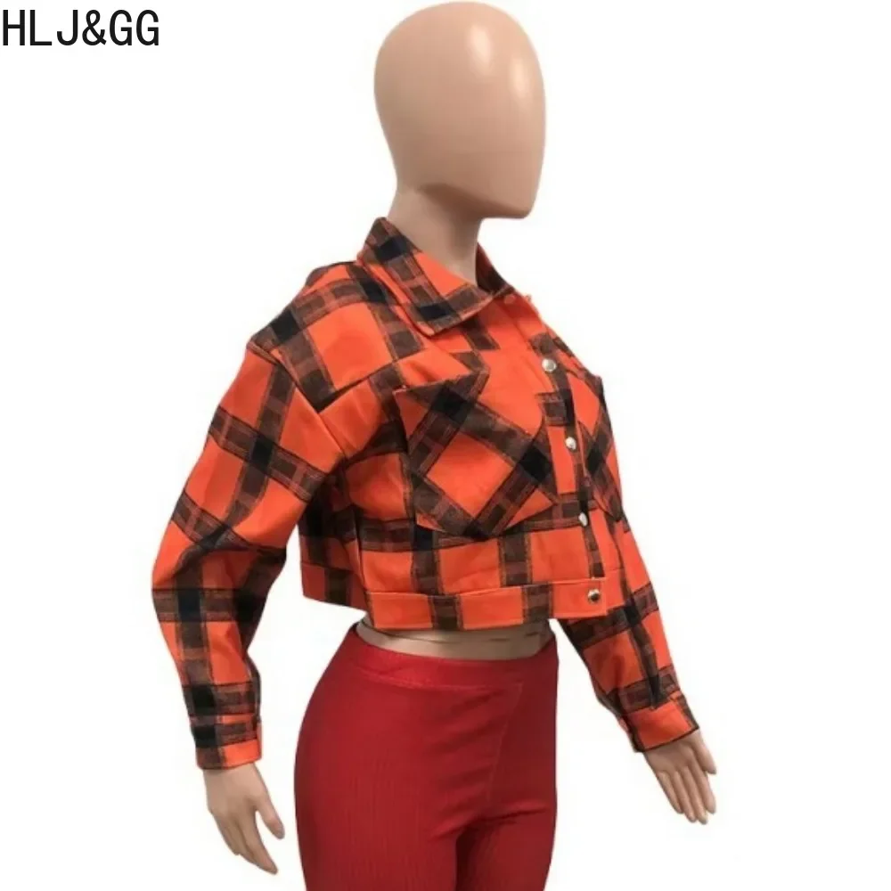 HLJ&GG Autumn Casual Plaid Print Crop Jackets Women Turndown Collar Long Sleeve Button Coats Fashion Female Slim Streetwear Tops