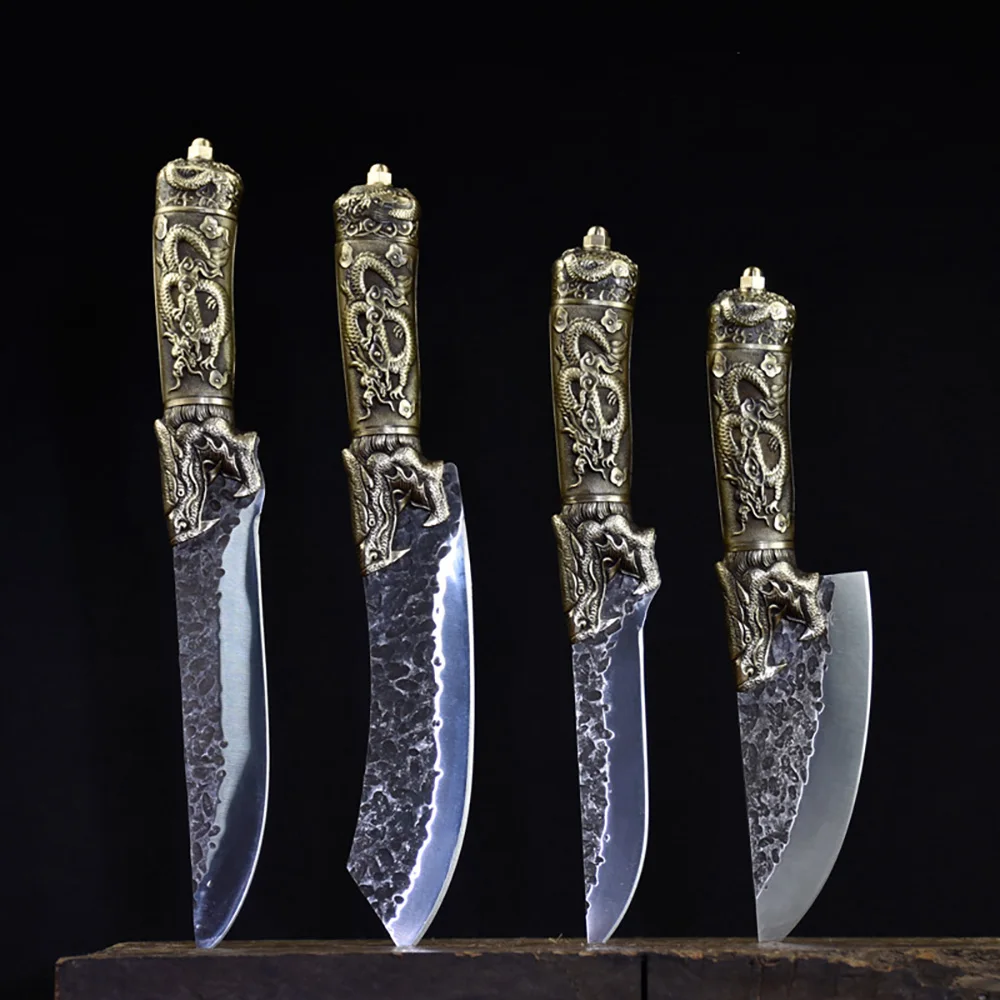 

4Pcs Kitchen Knives Set Butcher Boning Cleaver Handmade Forged 7Cr17MoV Hunting Viking Knife Copper Handle Retro China Messer